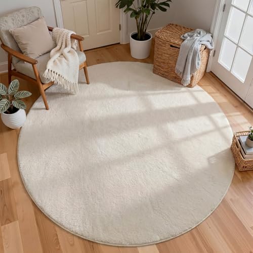 Image of Homcomodar Round Rug 160cm Large Rugs Living Room Low Pile Fluffy Rugs for Bedroom Non Shedding Circle Carpet Beige Carpet for Living Room Bedroom Kids Room Nursery Home
