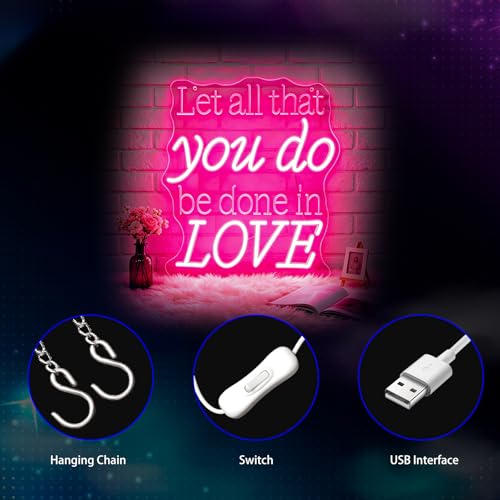 Image of Neon Sign, Positive Neon Signs for Wall Decor LED Signs Neon Light | Let All That You Do Be Done in Love Neon Sign, Pink Inspiration Led Sign, Bedroom, Living Room, Home Decor, Gift, USB Powered