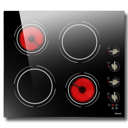 Ceramic Hob 4 Burners, Built in 4 Zones Electric Hob with Knob, 6000W Ceramic Cooktop 60cm con 9 Power Levels, Pause Control, Child Lock, No Plug, Disaenvir