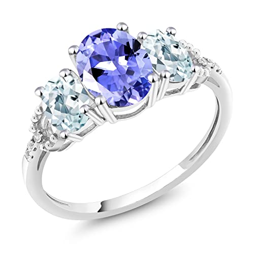 Gem Stone King 10K White Gold Blue Tanzanite Sky Blue Aquamarine & Diamond Accent 3-Stone Engagement Ring | 2.07 Cttw | 3 Stone Wedding Engagement Anniversary Promise Ring For Women
