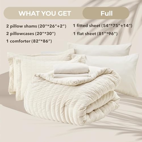 Image of HYMOKEGE Ivory Full Size Comforter Sets Seersucker 7 Pieces, All Season Luxury Bed in a Bag for Bedroom, Bedding Set with Comforters, Sheets, Pillowcases & Shams