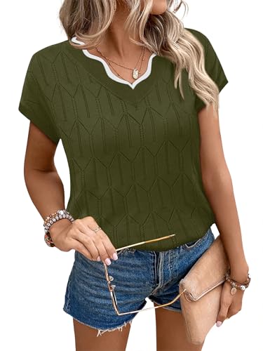Image of WIHOLL Womens Summer Tops Cap Sleeve Sweater V Neck Shirts Beach Vacation Clothes Business Casual Fashion Clothing