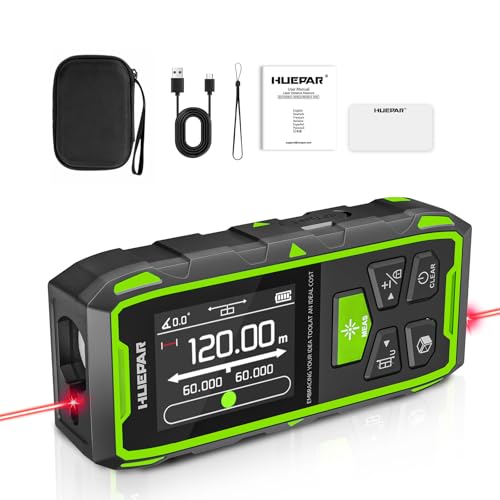 Huepar Laser Measure 396FT Laser Measuring Tool Digital Laser Distance Meters with 2 Bubble Levels, Backlit LCD, Measure Distance, Area and Volume and Pythagorean Mode SW-210RT