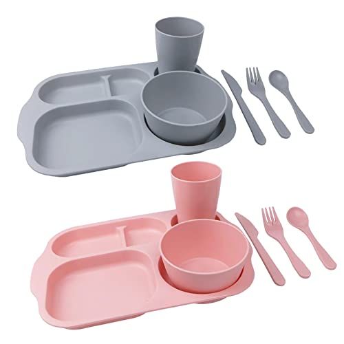 Greenandlife Zestaw plastikowych talerzy i misek wielokrotnego użytku dla dzieci, talerze, miska, kubek, widelec, łyżka, nóż, kuchenka mikrofalowa i zmywarka, 12 szt. (różowy + szary)