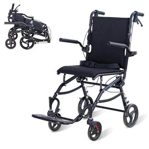 Rollstuhl Faltbar Leicht, Schmaler Transportrollstuhl mit Verstellbarer Höhe, Ergonomischen Griffen und 360° Rädern, Geeignet für Wohnung und Unterwegs (Schwarz)