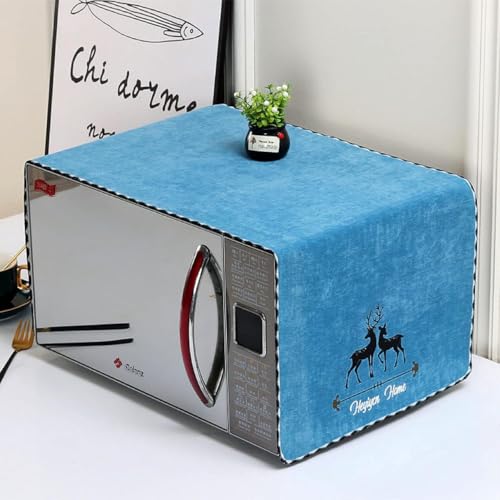 Image of Zollyss Microwave Oven Cover, Cotton Linen Dust-proof Fabric, Deer Design,100 x 35 cm (Blue)