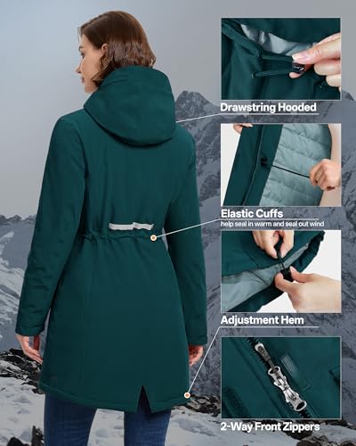 33,000ft Damen Wintermantel Lange Warme Winterjacke Parka Regenjacke Verdickene Funktionsjacke Mit Kapuze Übergangsjacke Outdoorjacke, Petrol XS