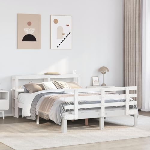 GeenYuu Estructura de cama con cabecero de madera maciza de pino, blanco, 120 x 190 cm, estantes de almacenamiento, resistente cama de plataforma para dormitorio, diseño moderno