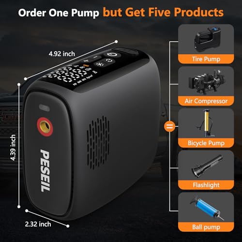 PESEIL-Tire-Inflator-Portable-Air-Compressor-28-Cylinders-12V-Air-Compressor-140W-Auto-Shut-Off-with-LED-Light-150psi-Pump-Portable-Air-Compressor-for-Car-Tires-Bicycle-Moto-Ball-etc