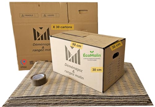 Kit Déménagement T2 – 30 cartons 50x30x30 cm, rouleau adhésif 68m, tapis de calage. Écoresponsable, économique et prêt à l’emploi !