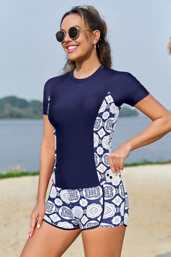 SHEKINI Women Two Piece Rash Guard Short Sleeve Swimsuits UV UPF 50+ Swim Shirt with Build in Bra Bathing Suit with Boyshort2