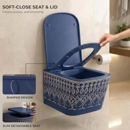 Image of Plantex Commode for Toilet /Ceramic Rimless Washdown Western Toilet /P Trap Commode with Soft Closing Toilet Seat Cover - (LAS04, Blue)