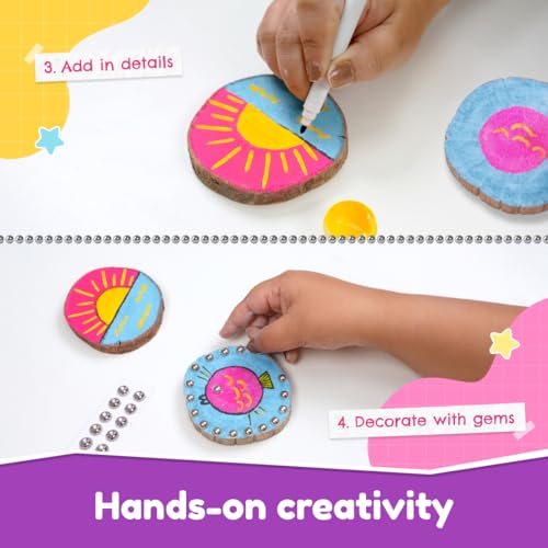 Image of Bloomingo Art & Craft Kit for Ages 4+ - Coastal Coasters - Wood Painting Art Kit | Easy-to-follow instructions | DIY kit for kids | 6 Wooden Coasters | Wood Painting | Beach-themed coasters | Crabs | Shells | Fish | Neon paints | Gem stickers | Create and decorate