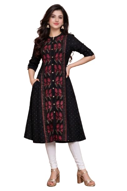 Women's Black Rayon A-line Kurti, Ethnic Floral Print, Flared Fit with Side Pockets, Casual-picture-33