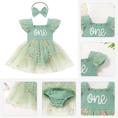 ODASDO Baby Girls First Birthday Outfit Sqaure Neck Ruffle Fly Sleeve Tulle Tutu Romper Dress with Bowknot Headband4