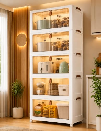 Image of 5 ๐๐๐๐ Plastic Rack for Storage Cabinet with Wheels | Multipurpose Shelf Storage Services Almirah Wardrobe for Clothes, Kitchen Cupboard | Plastic Organizer with Transparent Doors