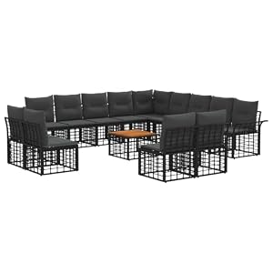 vidaXL Outdoor-Sofagarnitur 14 pcs Schwarz und Dunkelgrau Polyester, Moderne, wetterfeste, modulare Gartensofas, verstellbare Füße, Bequeme Kissen, rustikales Design