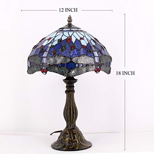 WERFACTORY Tiffany Table Lamp Bedside Lamp Sea Blue Stained Glass Dragonfly Style Desk Desk Light 18" Tall Antique Memory Sympathy Decorative Living Room Bedroom Banker Victorian LED Bulb Better
