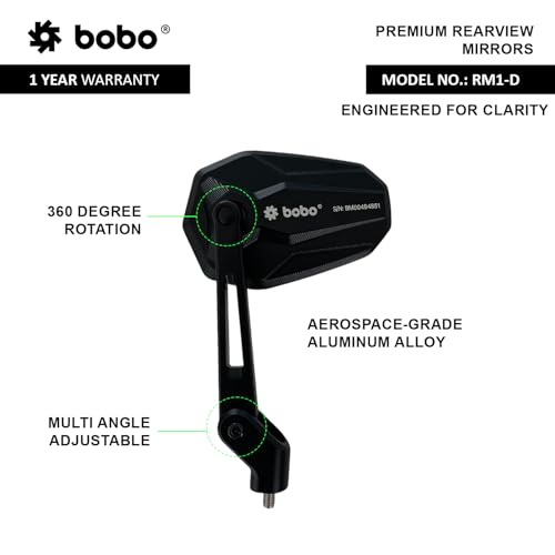 Image of BOBO RM1-D Premium Motorcycle Rearview Mirror, Anti-Glare, Anti-Fog, 360-Degree Rotation, Multi-Angle Adjustable