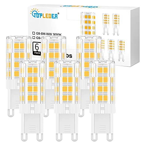 TopLeder G9 LED Bulbs 6-Pack, 5W 450LM LED Light Bulbs, Warm White 3000K, No Flicker Non-Dimmable, 40W Halogen Bulb Equivalent, Energy Saving G9 Bulb Cover