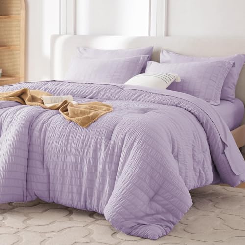 Image of MUXHOMO 7 Pieces King Comforter Set, Seersucker Bed in a Bag King Size, All Season Luxury Bedding Set with Comforter, Flat Sheet, Fitted Sheet, Pillowcases & Shams, Lavender
