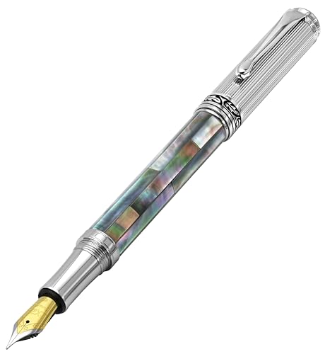 Xezo Maestro Black Mother of Pearl Fountain Pen, Fine Nib. Chrome Plated. Handmade, No Two Pens Alike, Black Mother of Pearl and Chrome