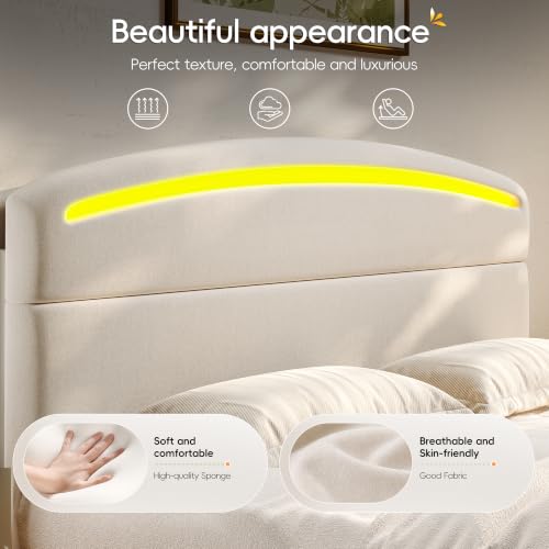 Homkdom Full Size Bed Frame with Upholstered Headboard, USB-C & LED, Beige - image 5
