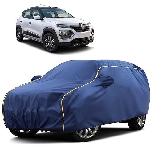Image of Sulfar 100% Water Resistant Car Body Cover Compatible with Mirror for Renault Kwid (Triple Stitched, Full Bottom Elastic, Blue Taffeta with Yellow Piping)