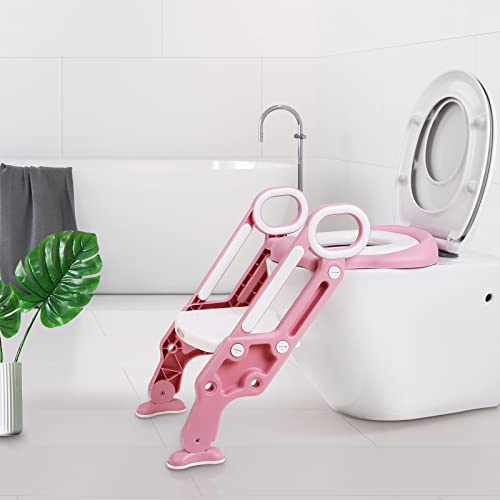Toilettensitz Kinder mit Treppe,38-42cm HöHenverstellbar Faltbar Töpfchen Toilettentrainer mit Treppe Toilettensitz für kinder mit Weichem Kissen mit Stabilen Rutschfesten Pedalen und PU Kissen (Rosa) Cover