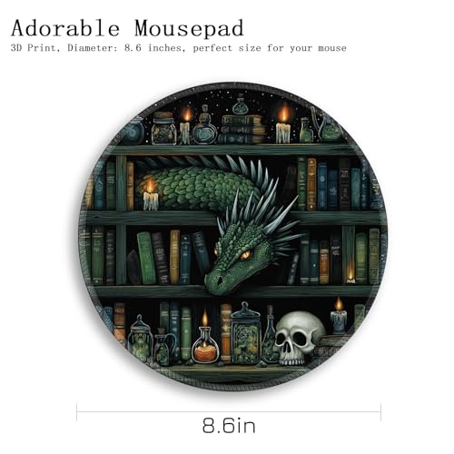 Image of Gctriki Gothic Dragon Small Mouse Pad, Funny Round Mousepad, 8.6 inch | Stitched Edges, Non-Slip, Mouse Pad for Computer Laptop Travel, Office Desk Accessories Decor, Mystical Library Vintage Book