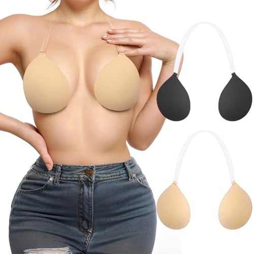 Invisible Adhesive Push-Up Bra Sticky Strapless Bra with Clear Halter Neck Strap for Backless Dresses/Tops(D413 Black+Beige E)
