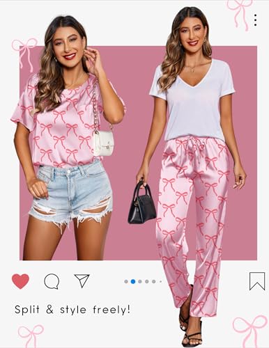 Image of Ekouaer Womens Satin Silky Pajama Set Short Sleeve Shirt with Long Pajama Pant Set Soft PJ Loungewear
