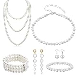 8 Pcs Faux Pearls Set, Artificial Pearl Necklaces Bracelet Earrings Vintage Jewellery, Pearls Long Dangle Earrings 3 Row Stretch Pearl Bracelet Necklace Costume Jewelry for Women in Wedding Festival