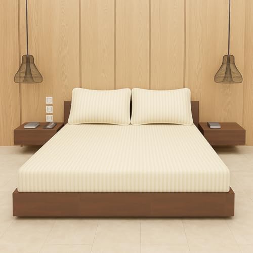 Image of BEVI - Home Premium Self Striped Double King Bedsheet with 2 Pillow Covers 300 TC Ultra-Soft 300 TC Microfiber Bed Sheet| Size (90 inch x 100 inch) Ivory