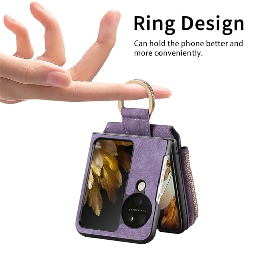 COQUE Shell Oppo Find N3 Flip Protective Cover,Magnetic Folding Zipper Wallet Card Slot Mobile Phone Leather Case for Oppo Find N3 Flip-Purple - Image 3