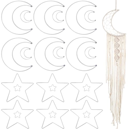24Pcs Macrame Hoops Ring, BetterJonny Moon Star Metal Craft Hoops Silver Dream Catcher Rings Wreath Hoop Rings for Home Decorations DIY Crafts(5cm,15cm)