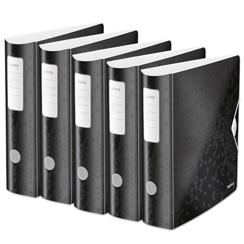 Leitz Qualitäts-Ordner 180° Active WOW, 5er Pack, A4, Breit, Abgerundeter Rücken, 8,2 cm breit, Gummibandverschluss, Leichtes Polyfoam, Plastik-Ordner, WOW Serie, Schwarz, 11060095