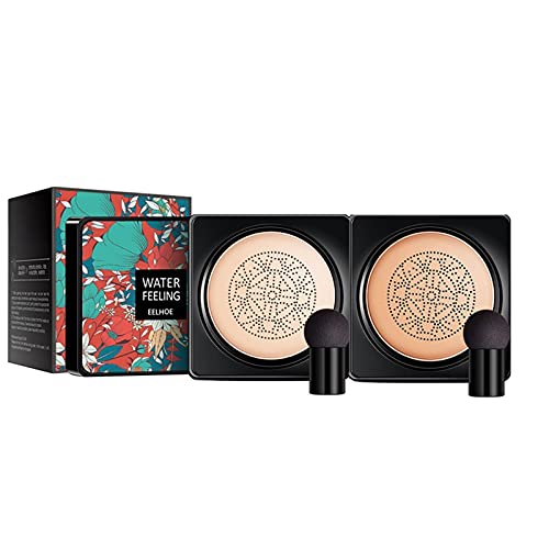 2 Pack Air Cushion BB Cream with Mushroom Head Makeup Brush, Foundation Makeup Moisturizing BB Cream Concealer, Long Lasting Matte Concealer Brightening Fitting Base for All Skin Types (Multicolor)