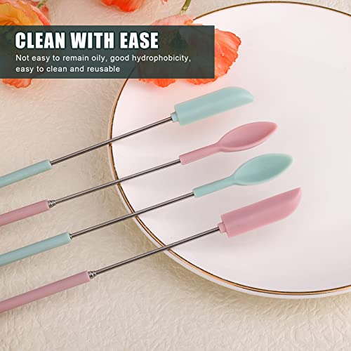 Telescoping Spatula And Spoon, 4Pcs Mini Spatula Silicone For Cosmetics Retractable Thin Jar Scraper Spatula Set Multifunctional Small Silicone Spatula For Makeup Kitchen Food Narrow Bottle Can #TOP3