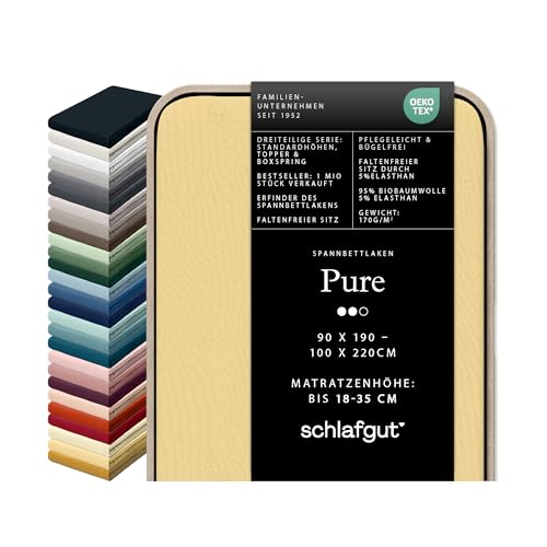 schlafgut Pure Spannbettlaken 95% Bio Baumwolle & 5% Elasthan Made in Green by Oeko TEX (90x190cm bis 100x220cm Matratzenhöhe von 18 bis 35 cm, Yellow Mid)