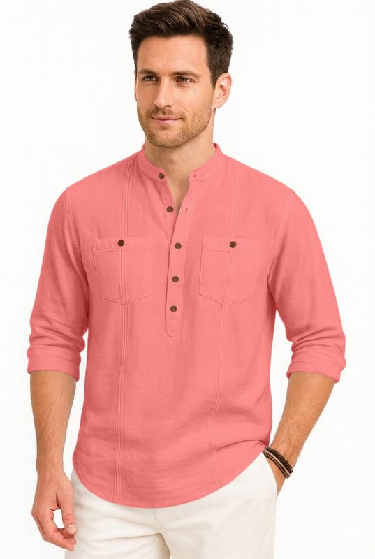 Image of ROYALSCOUT Men's Cotton Polyester Blend Kurta Style Shirt with Mandarin Collar, Half Button Placket, Dual Chest Pockets, Long Sleeve Casual Ethnic Fusion Wear for Office, Festive and Daily Use
