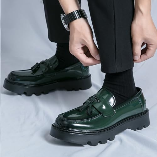Image of Men's Black Soft Patent Leather Platform Chunky Heel Loafers Fashion Tassel Business Casual Formal Work Shoes Non-Slip Lug Sole Slip-On Penny Loafers