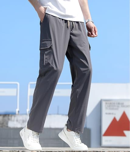 Men's Cargo Pants Summer Thin Loose Straight Elastic Waist Drawstring Quick Dry Casual Trousers with Pockets2