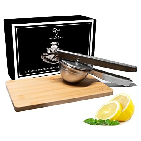 VIKILA® Edelstahl Zitronenpresse & Schneidebrett im Set | Manuelle Saft-Presse für Zitrusfrüchte Cover