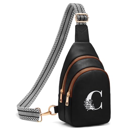 Crossbody Bags for Women Initial Sling Bag Cross Body Fanny Packs Personalized Gifts for Mom Women Wife Black With Brown C