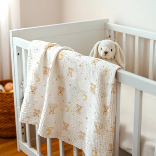 Image of SANDJEST Brown Bear Minky Muslin & Dotted Blanket 30x40 in Gift for Holiday, Gender Reveal Party, Hospital Visit, Baptism