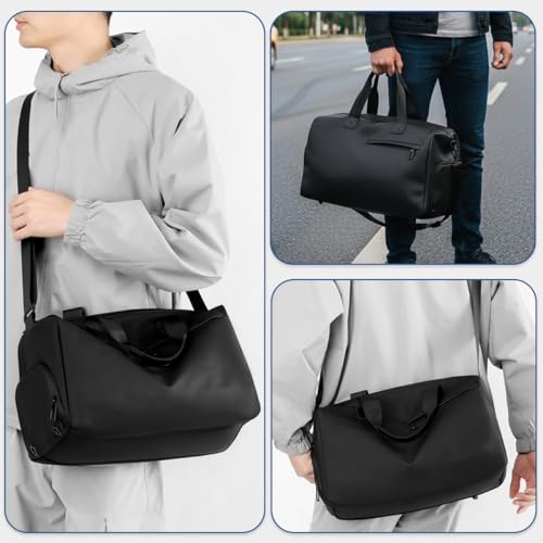 Image of GUSTAVE Waterproof PU Leather Gym Bag for Men, 19L Travel Duffle Bags for Travelling with Shoe Compartment, Wet Pocket, Adjustable Shoulder Strap, Overnight Carry On