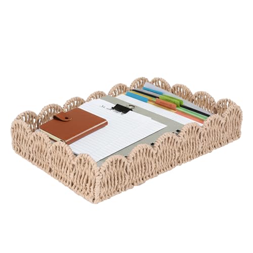 Qinpufu Letter Tray for Desk, Natural Paper Rope Woven, Desk Storage for A4 Paper, Document, File, Mail, Office Supplies, Sturdy Table & Desktop Organizer for Office, Home, School