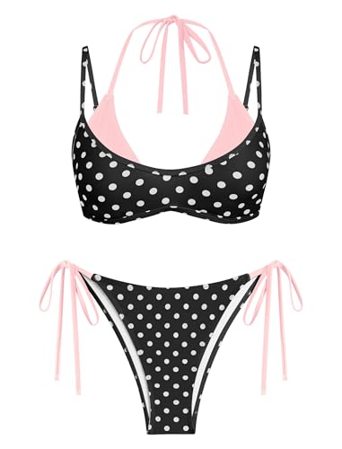 Image of ZAFUL Women's Polka Dot Bikini Set Double Layer Halter Swimsuit Colorblock Side Tie 2 Piece Bathing Suit