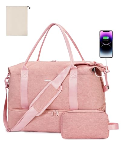WANDF Travel Duffle Bag with Wet Pocket & Shoes Compartment, 18x14x8 Personal Item Travel Bag with USB Charging Port & Toiletry Bag for Gym, Weekend, Overnight, Hospital(Pink)